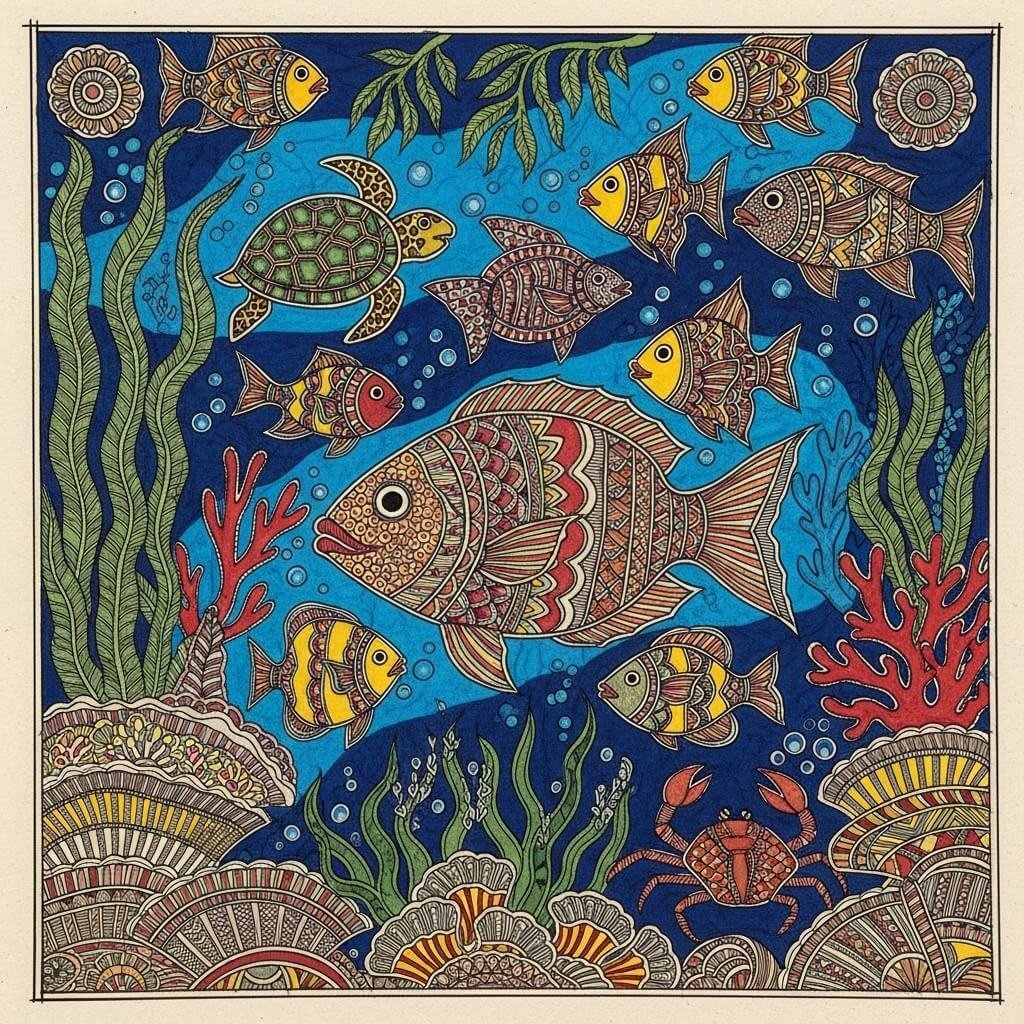 Madhubani painting — underwater life