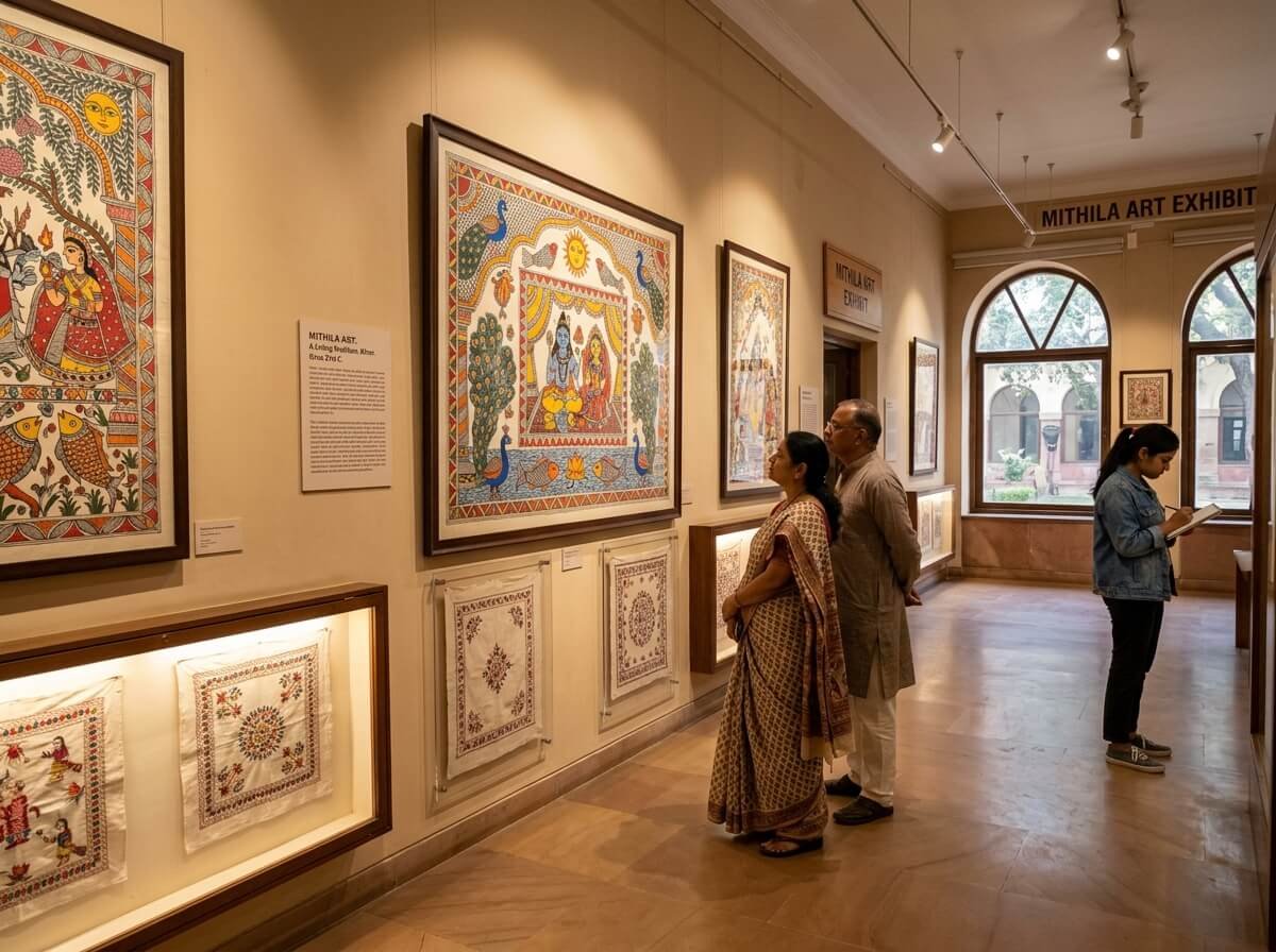 Mithila art displayed in a museum wall setting